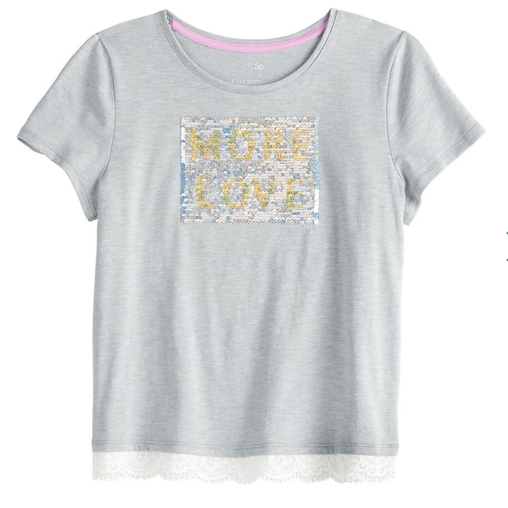 SO  Lace Trim Graphic Tee  Gray  Reversible Sequins  LOVE MORE  Size L 10/12 NEW